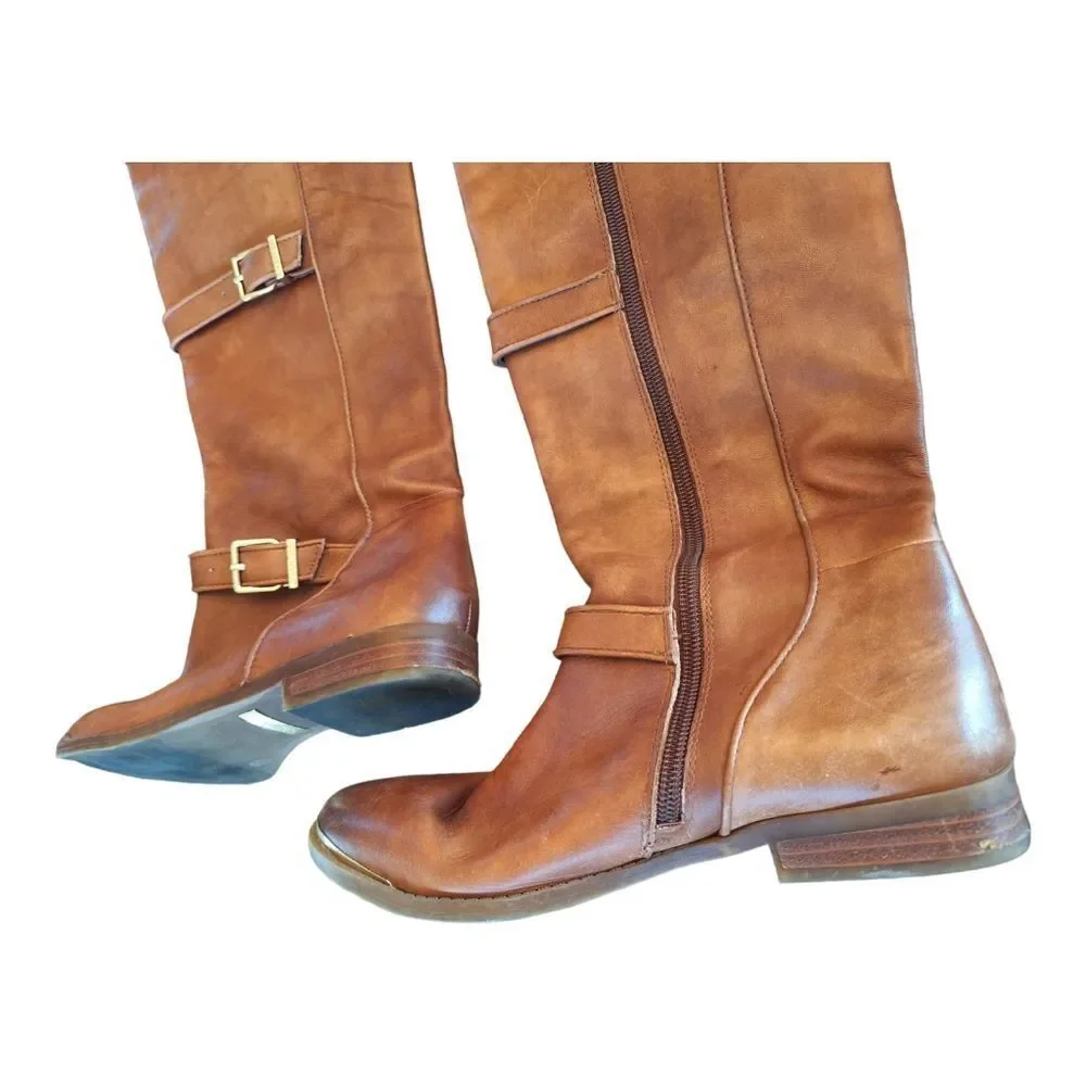 Gianni Bini Leather Knee High Riding Boots Cognac Brown Gold Buckles women's 6M